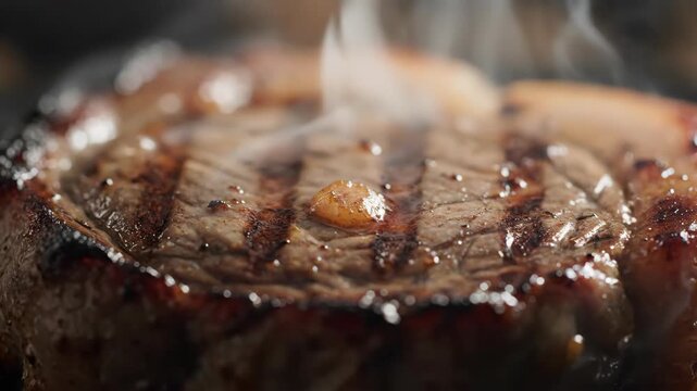 A Juicy, Perfectly Grilled Steak with Sizzling Lines of Perfection on a Dark Background
