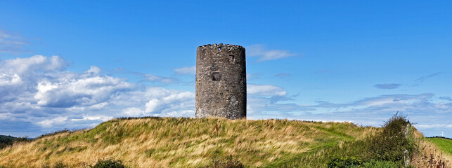 Aerial view of Portaferry Windmill stone tower on the Down cost Strangford Lough Northern Ireland