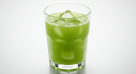 Refreshing green juice with ice cubes in a glass