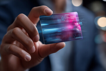 Close-up of a person&rsquo;s hand holding a futuristic transparent digital card with glowing holographic interface, representing modern technology, innovation, digital identity, and smart payment concepts.