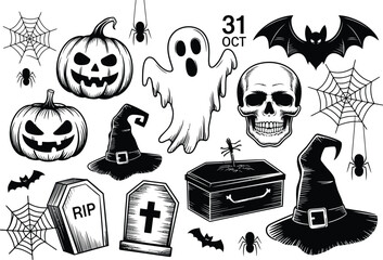 Halloween spooky icons bundle ghost pumpkin