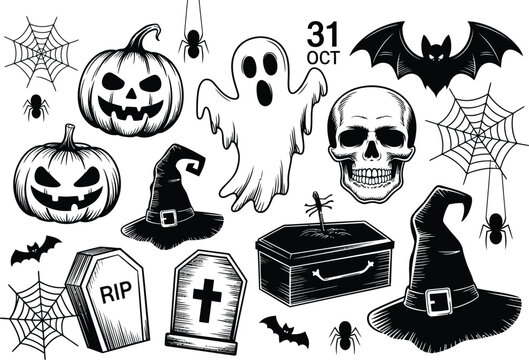 Halloween spooky icons bundle ghost pumpkin