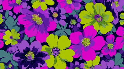 decorative retro wall print, flat vintage floral motif, acid green and violet tones, neon psychedelic palette, no depth, matte 2D seamless texture