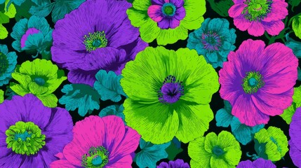 decorative retro wall print, flat vintage floral motif, acid green and violet tones, neon psychedelic palette, no depth, matte 2D seamless texture