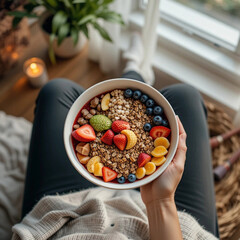 A person enjoying a healthy, colorful bowl of fresh fruits and granola