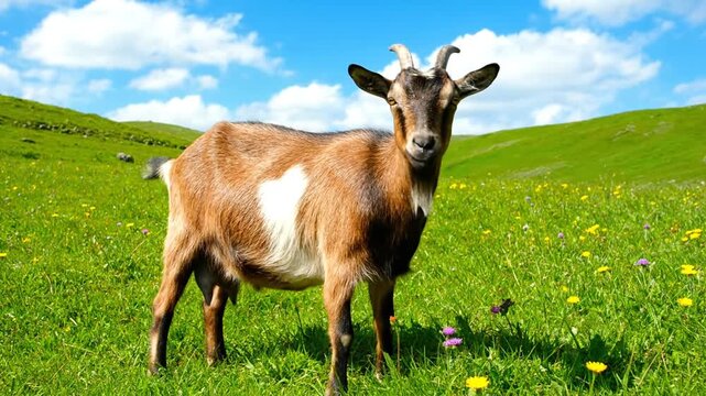 A Brown Goat Standing on the Meadow with Flower Patches Under Cloudy Blue Sky Animation Loop Featuring a  Dairy Goat on Lush Grass and Flowers with Hillside and Azure Sky Panorama