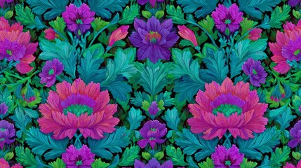 flat psychedelic wallpaper pattern, vintage floral repeat, neon pink, acid green, violet, and turquoise, bold matte texture, symmetrical 2D print, seamless design