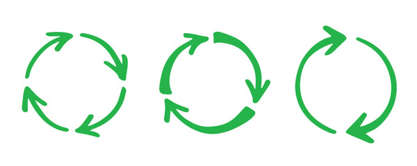 Set of hand drawn recycle arrow icon Recycling resources symbol Reuse of materials, zero waste, green environment, saving the planet