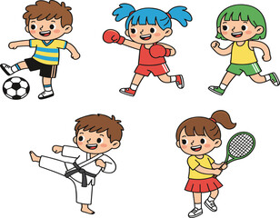 hildren playing sports, soccer, boxing, running, martial arts, tennis, active kids, fitness fun, cartoon style, diverse activities, healthy lifestyle