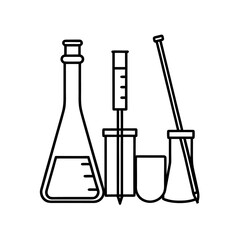 Vector outline illustration of laboratory glassware and scientific instruments. Features essential chemical containers flasks, beakers, and pipettes for chemistry, research, and education