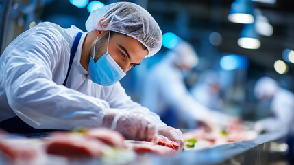 Focused food factory worker wearing mask and gloves processes meat products on a production line under bright lighting. Concept of hygiene, food safety, manufacturing, and quality control.