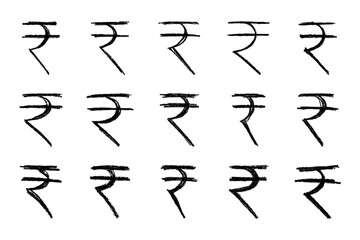 Set of hand drawn rupee currency symbol. Brush stroke doodle. Single element for design