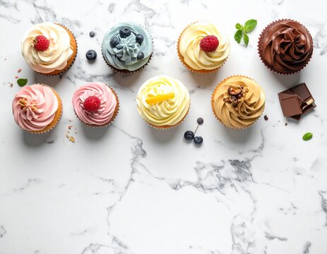Flat Lay of Assorted Cupcakes with Frosting on Marble Table. Colorful cupcakes with frosting arranged on marble surface, ideal for bakery branding, celebration themes, or dessert advertising.