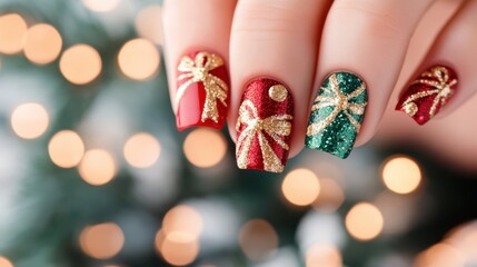 Christmas Nail Art: Close-up of festively decorated fingernails with bows against a backdrop of twinkling bokeh lights.