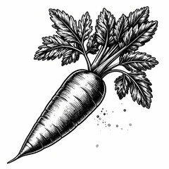 Intricate hand-drawn carrot engraving, featuring detailed linework and a vintage, organic aesthetic.