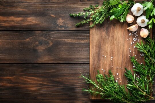 Culinary Canvas: Wooden cutting board adorned with fresh herbs and garlic cloves, ready for culinary creations.