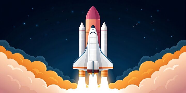 Space shuttle ascends through starry night sky amidst fiery clouds