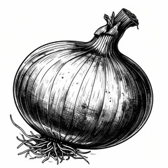 Detailed black ink engraving showcases a vintage onion with scratchboard texture, solo ingredient.