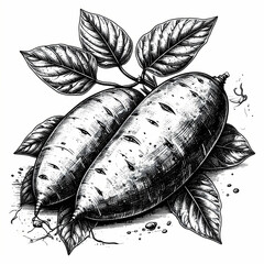 Elegant black ink engraving showcases two sweet potatoes with intricate leaves, vintage style.