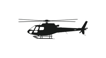 Silhouette of a modern helicopter in flight against a white background representing aviation and transportation
