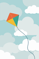 Vibrant Kite Soars Amidst Fluffy White Clouds in Blue Sky