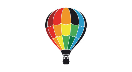 Fototapeta premium Vibrant rainbow colored hot air balloon floating in the sky with a basket and silhouette of a person