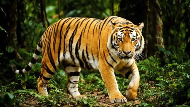 Bengal Tiger Walking Through Dense Green Forest Under Natural Sunlight Looping Wildlife Stock Footage Displaying a Striking Pattern and Vibrant Colors in a Lush Environment