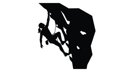 Silhouette of a determined rock climber scaling a challenging cliff face with dynamic movement and athletic exertion