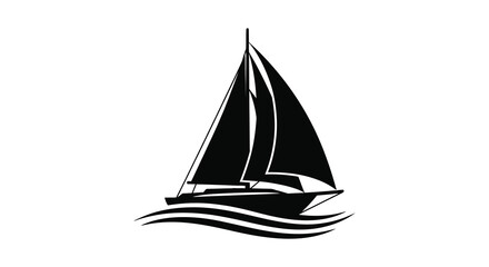 Sleek black silhouette of a modern sailboat with full sails gliding gracefully over stylized ocean waves
