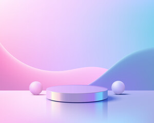 3D Holographic Pedestal and Pastel Gradient Mockup Scene for Product Display and Cosmetic Showcase