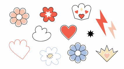 Playful crayon doodle stickers and scrapbook collage shapes — colorful hearts, flowers, crowns, and lightning in Y2K style (1)