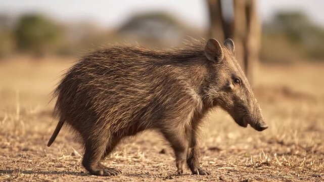 Chacoan Peccary Walking on Brown Grass Plains at Sunny Day in Gran Chaco Habitat Background for Wildlife Conservation Documentary Educational and Advertisement Purpose