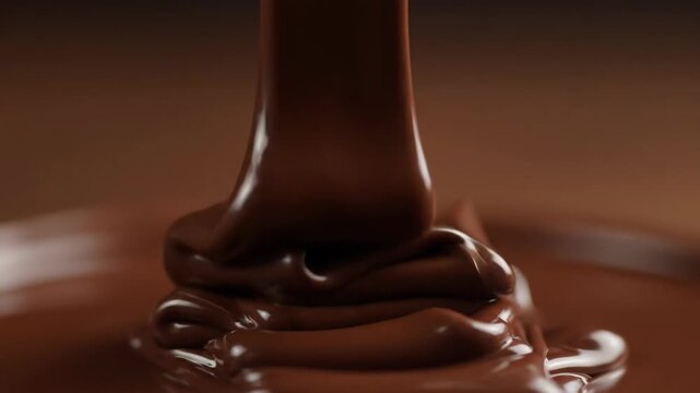 Decadent dark chocolate pouring smoothly, creating luscious folds and a rich, inviting texture, perfect for dessert concepts, sweet advertising, and culinary indulgence
