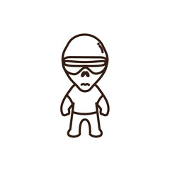 line art of alien character with a teal-green body, wearing a blue t-shirt and brown visor-like glasses with a pink stripe. The alien has a large head, small body, and simple, bold outlines