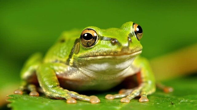 Close Up of European Tree Frog Resting on Green Leaf with Detailed Skin Texture and Prominent Eyes Looking Straight into the Camera in Macro Shot with Blurry Background