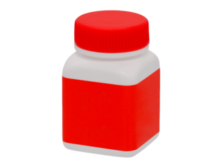 Close up, white square plastic medicine bottle, red lid, red label, isolated object on transparent background.