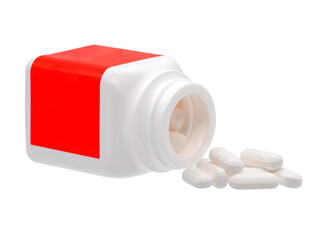 White square plastic medicine bottle, red label and pile of tablet, paracetamol 500 mg, a common...