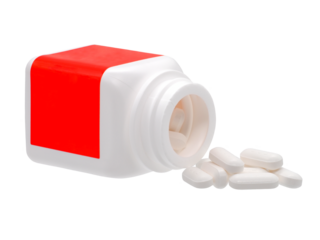 White square plastic medicine bottle, red label and pile of tablet, paracetamol 500 mg, a common household remedy used to relieve pain and reduce fever, isolated object on transparent background.