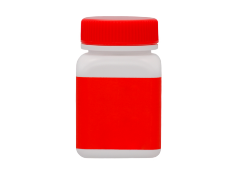 Close up, white square plastic medicine bottle, red lid, red label, isolated object on transparent background.