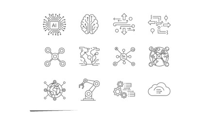 Set of artificial intelligence icons line art vector symbols for machine learning and automation isolated on white background