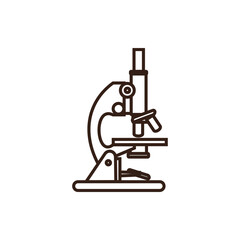 line art of microscope with a light gray body, a cream-colored base and main tube, and dark brown accents for the stage, objective lenses, and adjustment knobs, all outlined in dark brown