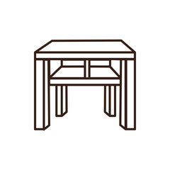 line art of square table, colored yellow with a dark brown outline, featuring four legs and cross-bracing visible beneath the tabletop