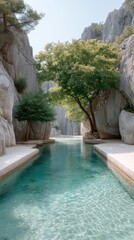 Turquoise Water Channel Between Rugged Limestone Cliffs Lined With Greenery Under Bright Sunlight