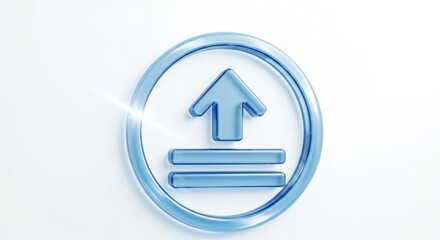 Blue, glass-like upload icon with arrow and lines against a white background