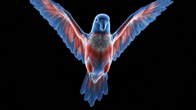 Detailed Animation of Red and Blue Parrot Flapping its Wings Against a Clean Black Background with Soft Lighting and Precise Detail Aimed for Stock Footage and Visual Projects