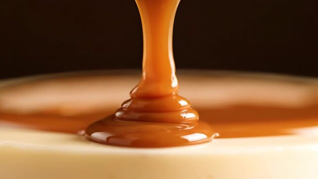 A decadent stream of rich, golden-brown caramel sauce being poured onto a smooth, creamy dessert, creating an indulgent and sweet treat