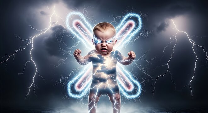 Powerful Baby - A Newborn with Lightning and Energy Wings.