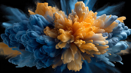 Dynamic abstract composition showing an explosion of blue and orange ink blending in midair on a black background. Modern art concept symbolizing creativity, energy, and fluid motion design.