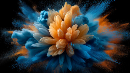 Dynamic abstract composition showing an explosion of blue and orange ink blending in midair on a black background. Modern art concept symbolizing creativity, energy, and fluid motion design.