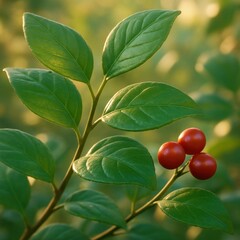 Branch with green leaves and a cluster of vibrant red berries in sunlight